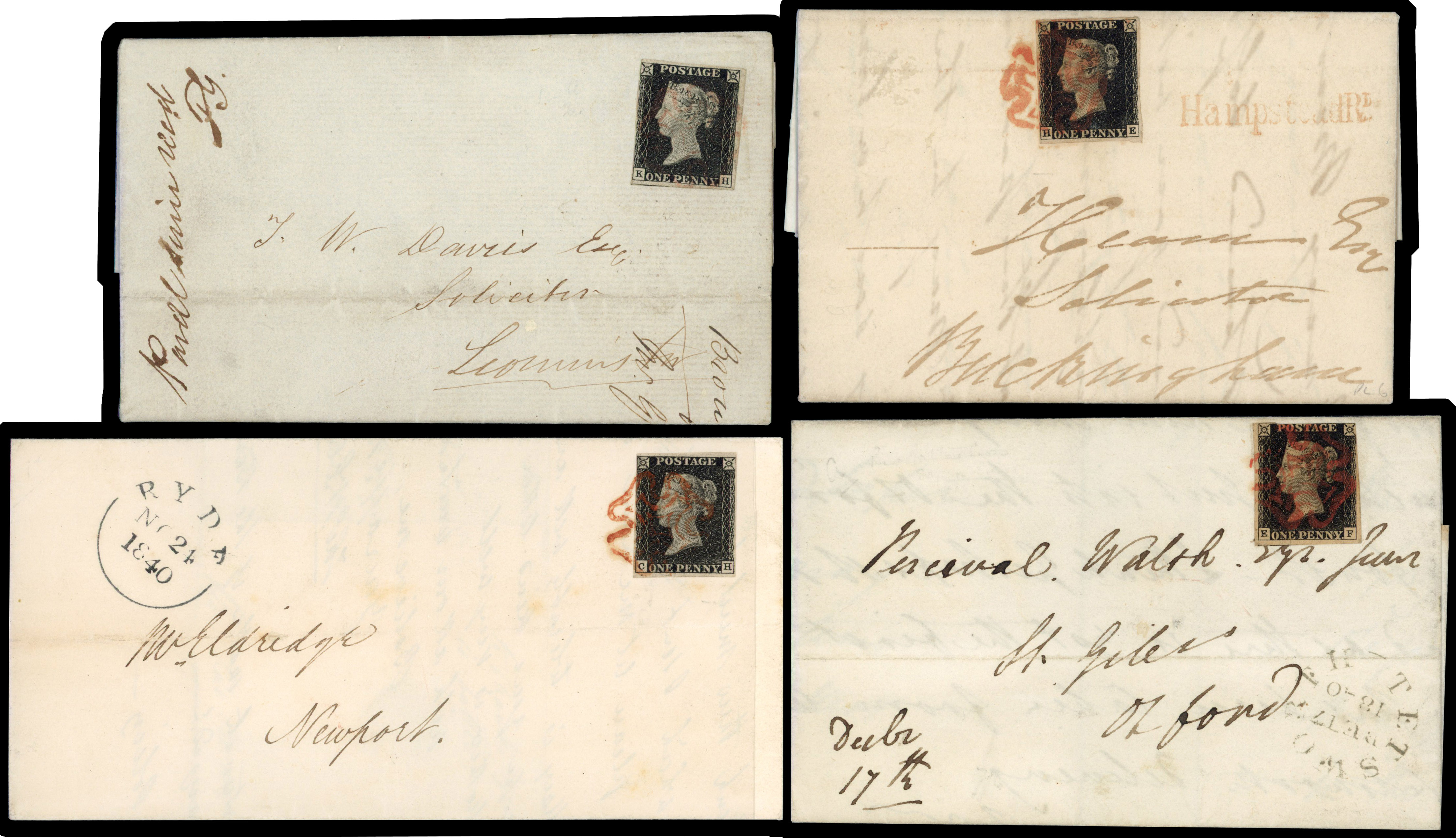 1840 a selection of 26 entires or covers bearing unplated 1d blacks, mostly good to fine with 3 to 4 margins with assorted 