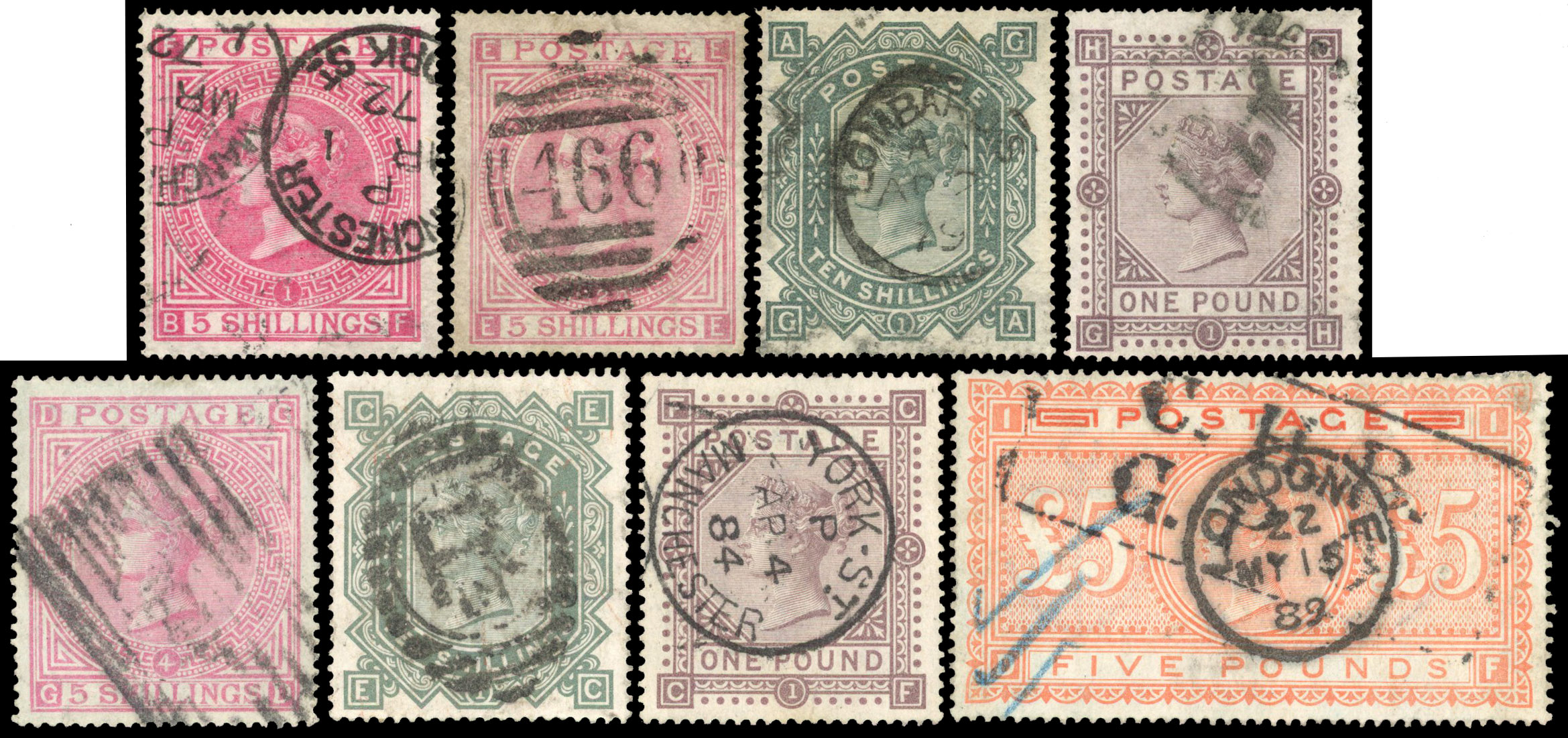 1867-83 Maltese Cross and Large Anchor watermarks, complete set of nine used stamps to £5