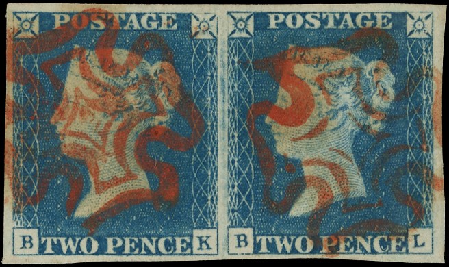 1840 2d blue, plate 1, horizontal pair...