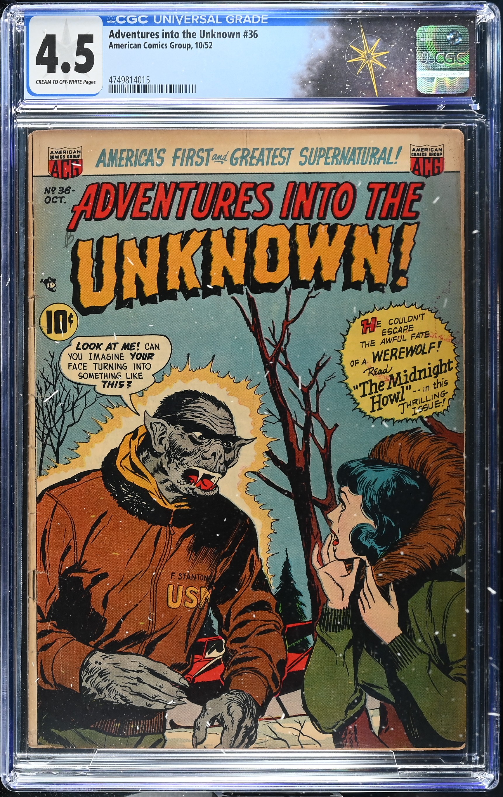 Adventures into the Unknown #36 CGC 4.5 Cover by Ken Bald (American Comics Group, 1952) Cream to Off-White Pages