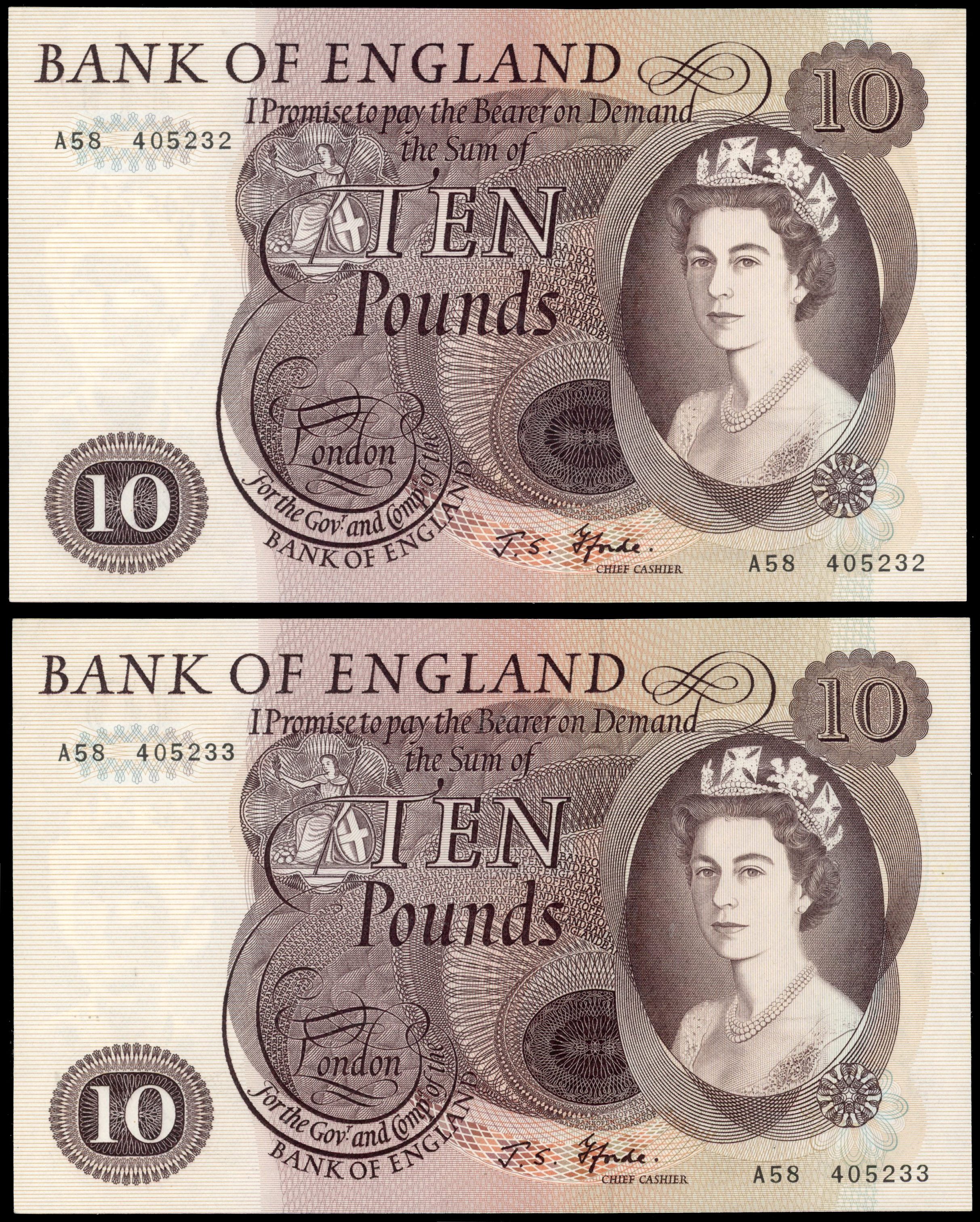 Bank of England, J S Fforde, Ten Pounds, Jan. 1967, A58 405233 and 405234 (consecutive), (Dugg. B316), Both go…