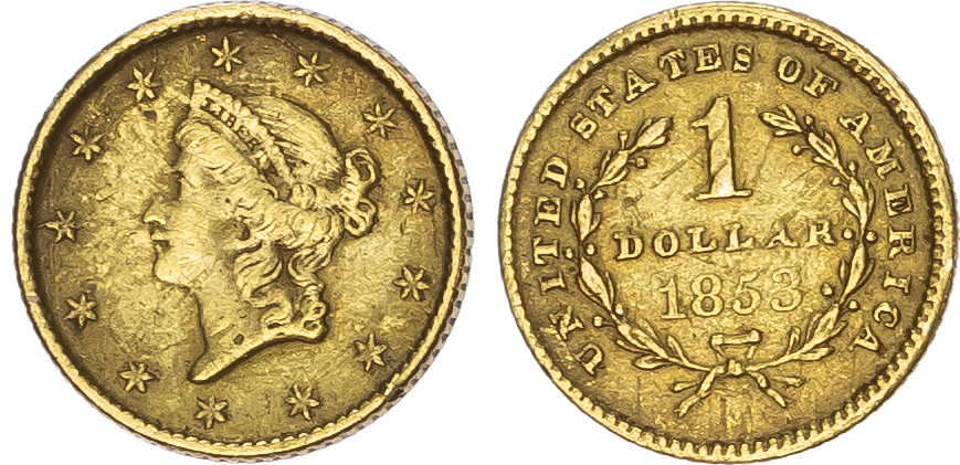 USA, One Dollar 1851 (2); 1852 (2); 1853 (3) (7) (1.67gm/.900 each).