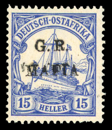 1915 (Jan) German East Africa Yacht type handstamp ‘G.B./MAFIA’ in blackish lilac on 15h ultramarine og