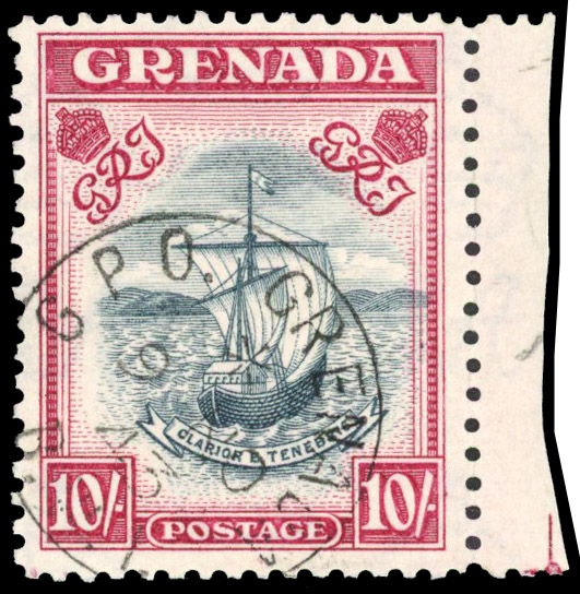 GRENADA: 1943 10s. slate blue and bright-carmine (narrow), perf 12, right hand marginal example, cancelled by Madame Joseph