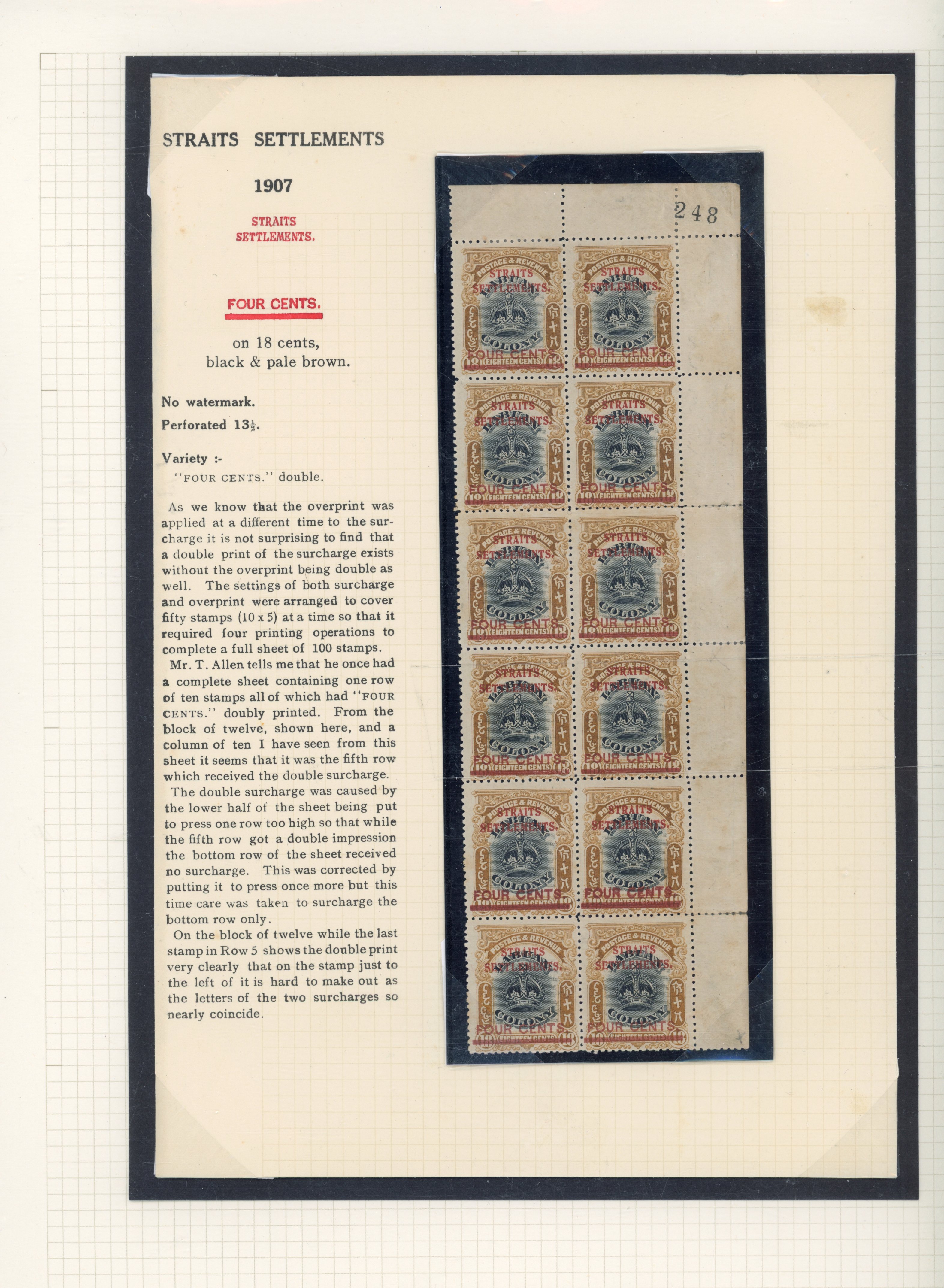 Straits Settlements 1906-07 4c on 18c "FOUR CENTS and bar” DOUBLE, SG 146,b,d