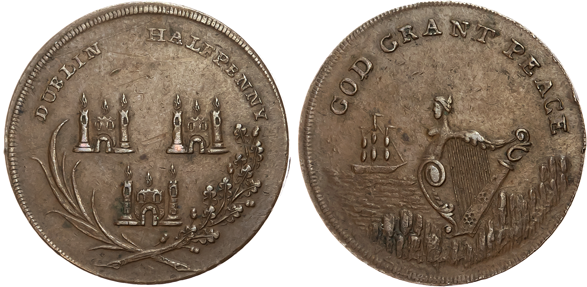 Co. Dub.  Dublin , Uncertain issuer – but general circulation Halfpenny, Harp over ‘Giant’s Causeway’ like rocks, rev, a …
