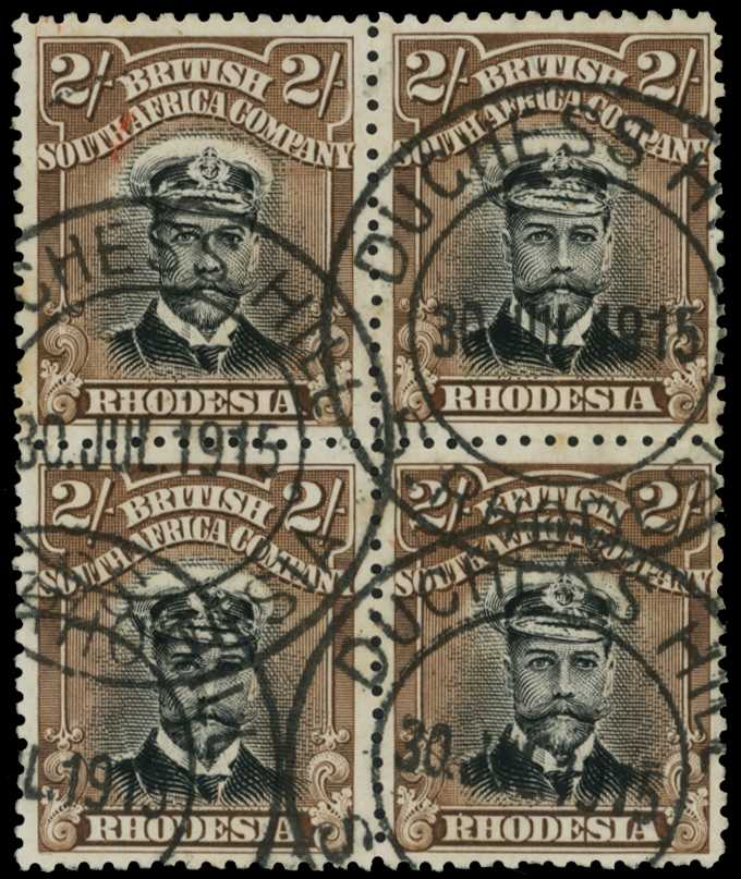 1913-7 2/- Head Die I, perf 14. Used block...