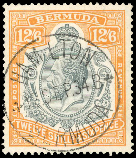BERMUDA: 1932 12s6d grey and orange with R5/6 ‘damaged leaf at bottom right’ variety, with central Hamilton cds, fine used