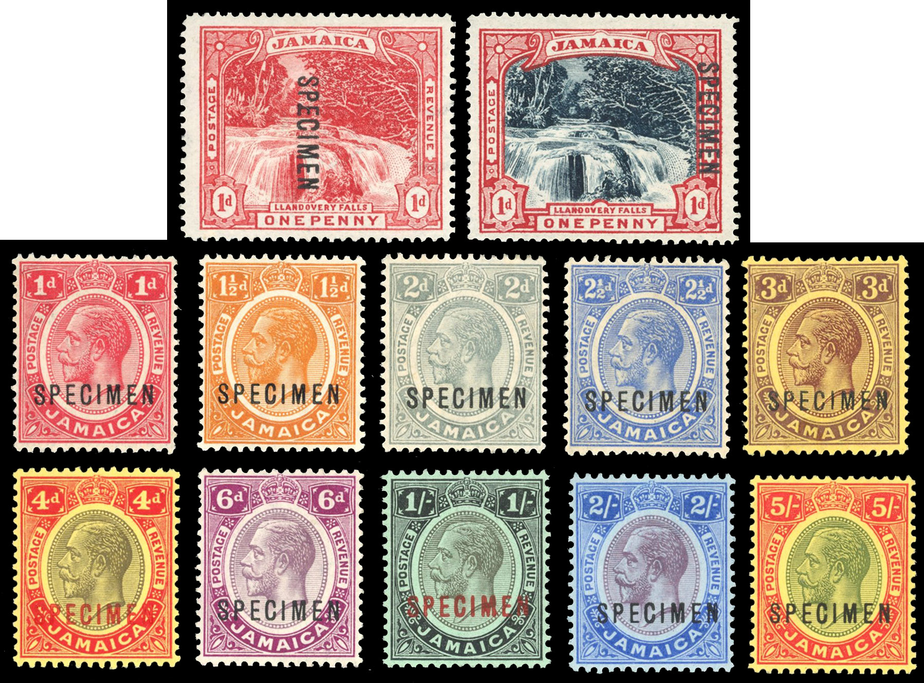 Jamaica 1900-21 group of SPECIMEN sets on stockcards, SG 31s/32s, 58s/67s, 78s/89s