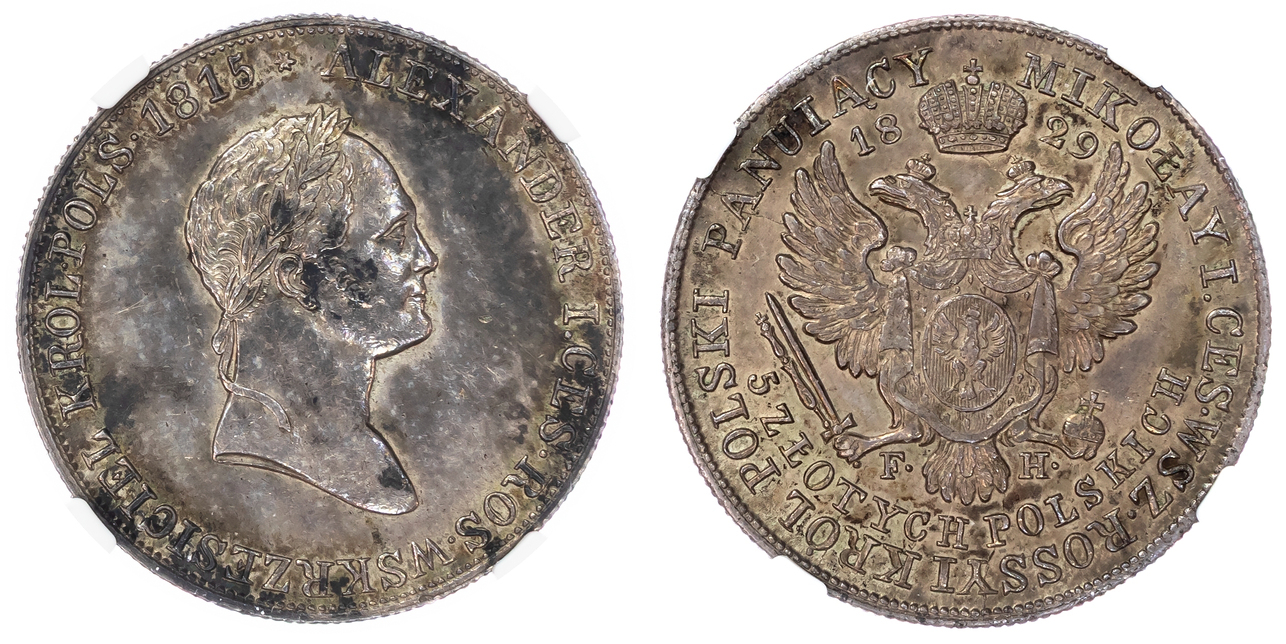 Poland (under Russia), Nicholas I (1825-1855), silver 5 Zlotych, 1829 FH, Warsaw (Bit. 985; Kopicki 2707). In …