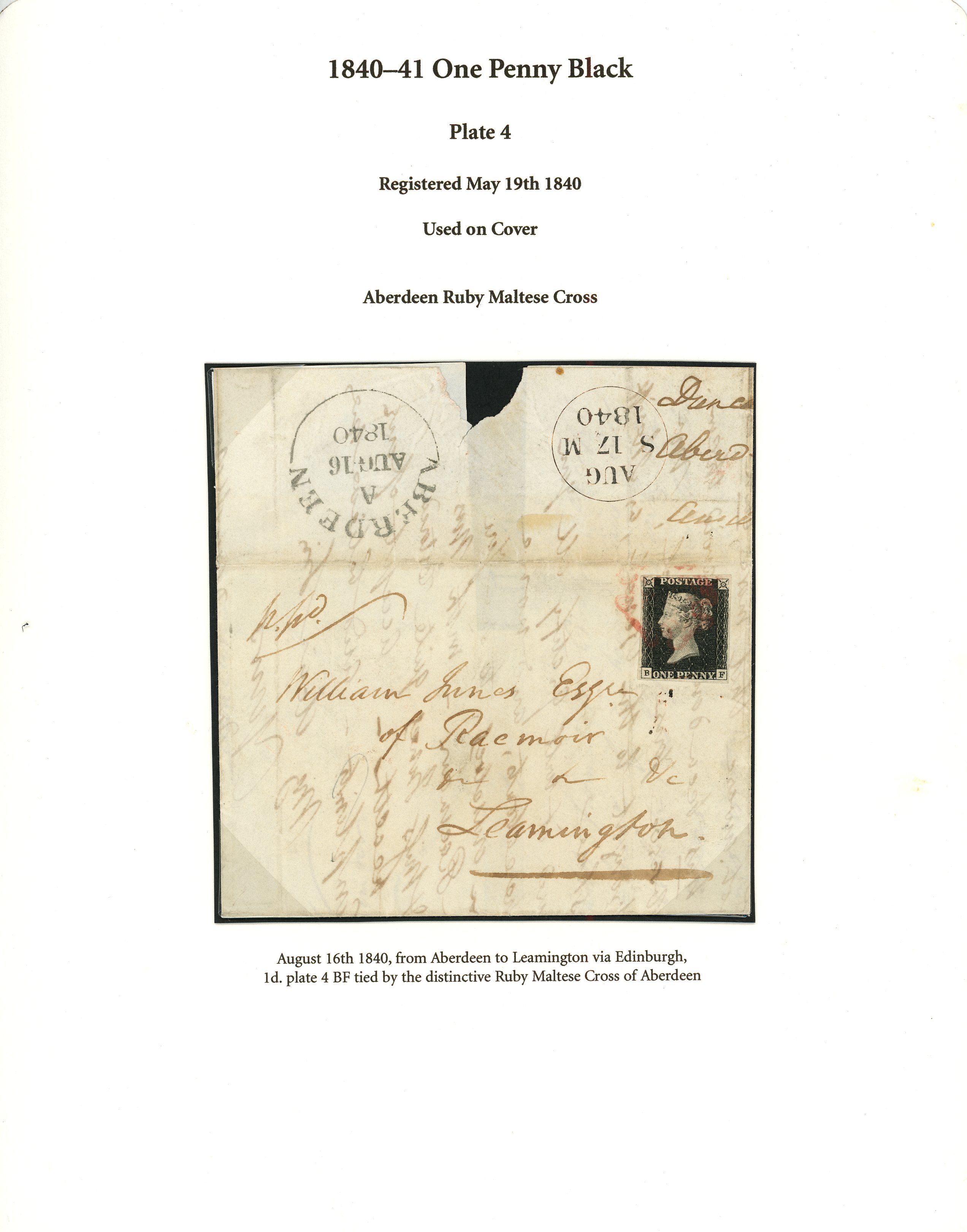 1840 (May16th) 1d black plate 4 (BF) tied by distinctive ruby MC of...