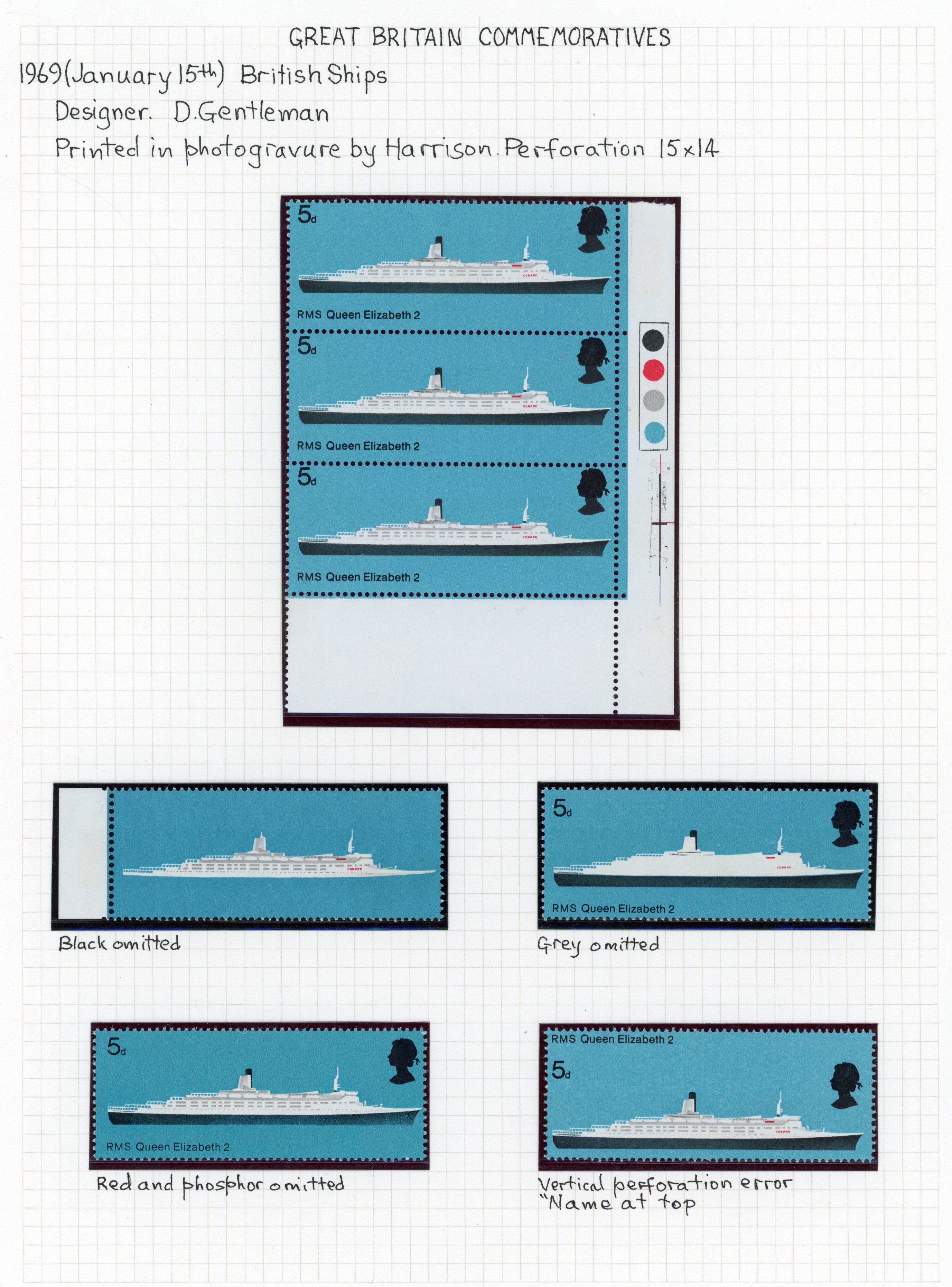 GB: 1969 Ships QEII 5d black (Queen's head, value, hull and inscription) omitted, 5d grey (decks etc) omitted, 5d red