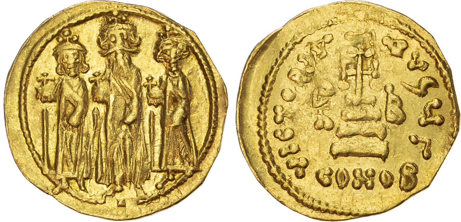 Heraclius, with Heraclius Constantine and Heraclonas (AD 610-641) AV Solidus, Constantinople, AD 639-641, 4.31g.