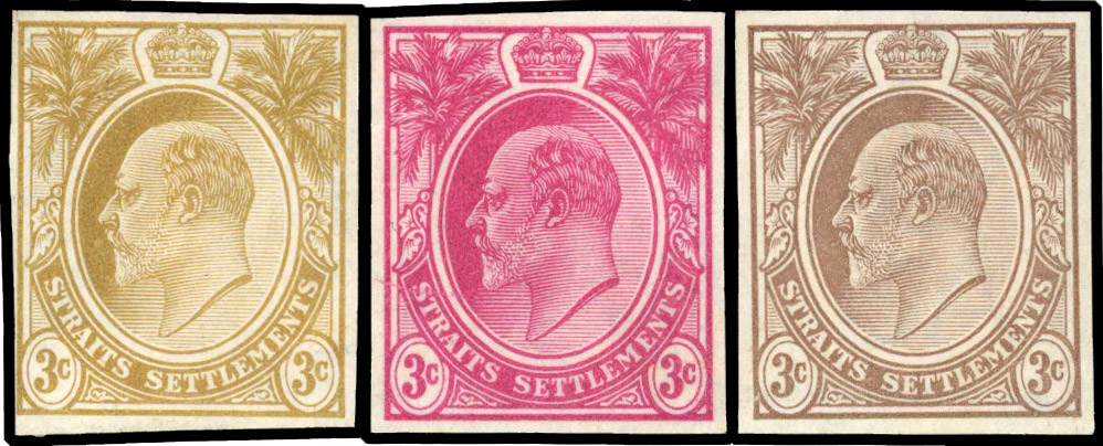 Straits Settlements 1903-04 3c imperforate colour trials x3