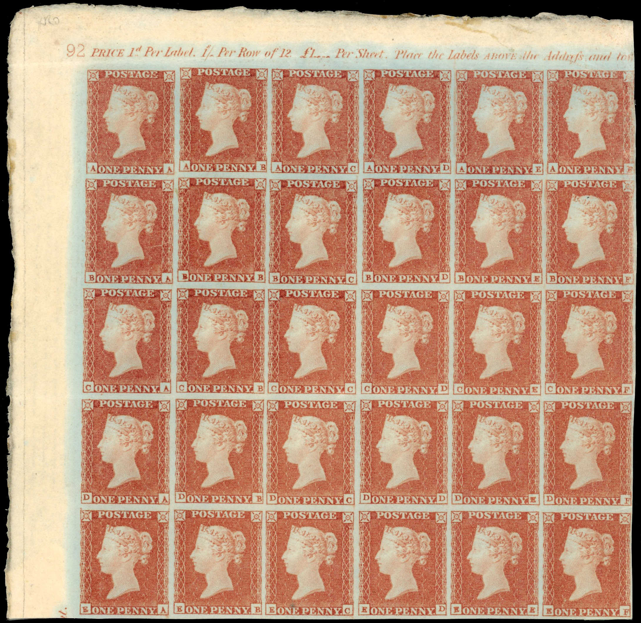 GB SG 8 1841 1d Plate 92 mint block of 30 