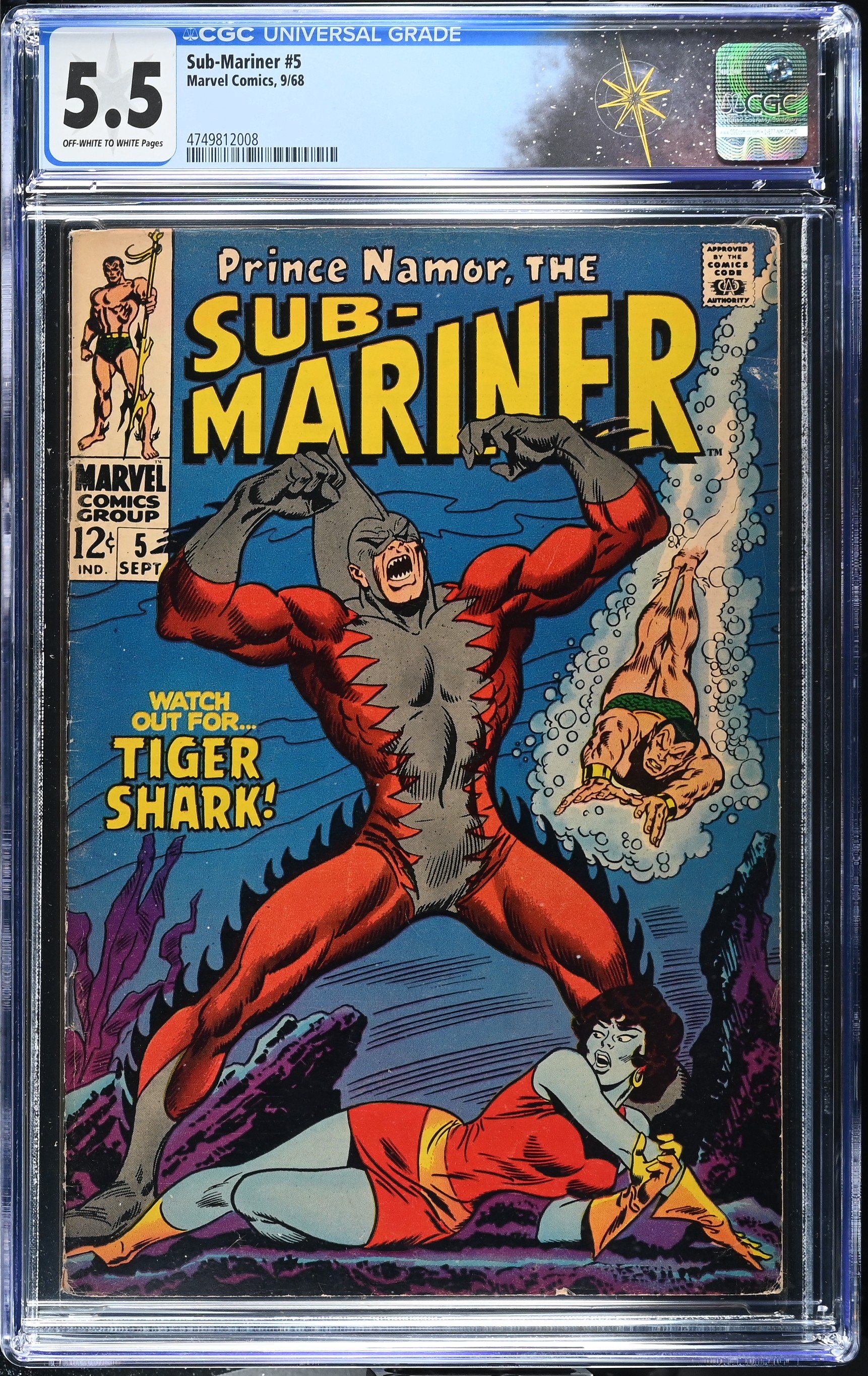 Sub-Mariner #5 CGC 5.5 1st Appearance and Origin of Tiger Shark (Todd Arliss) (Marvel Comics, 1968) Off-White to White Pages