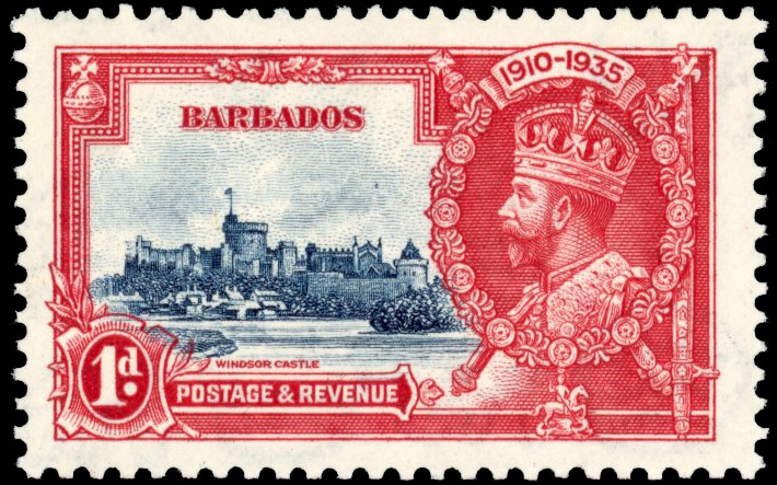 Barbados SG 241j 1935 Jubilee 1d damaged turret mint