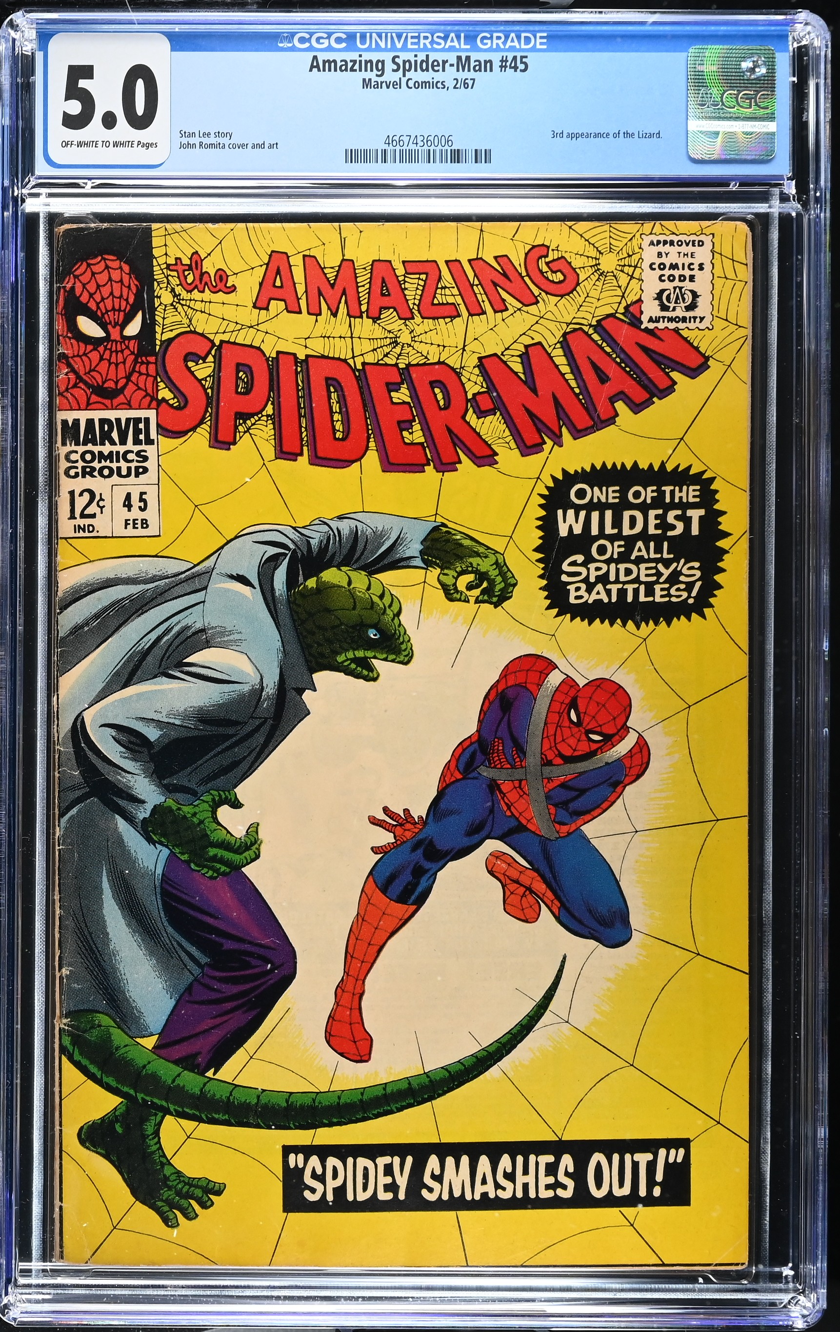 Amazing Spider-Man #45 (Marvel Comics 1967) CGC 5.0 Third Lizard