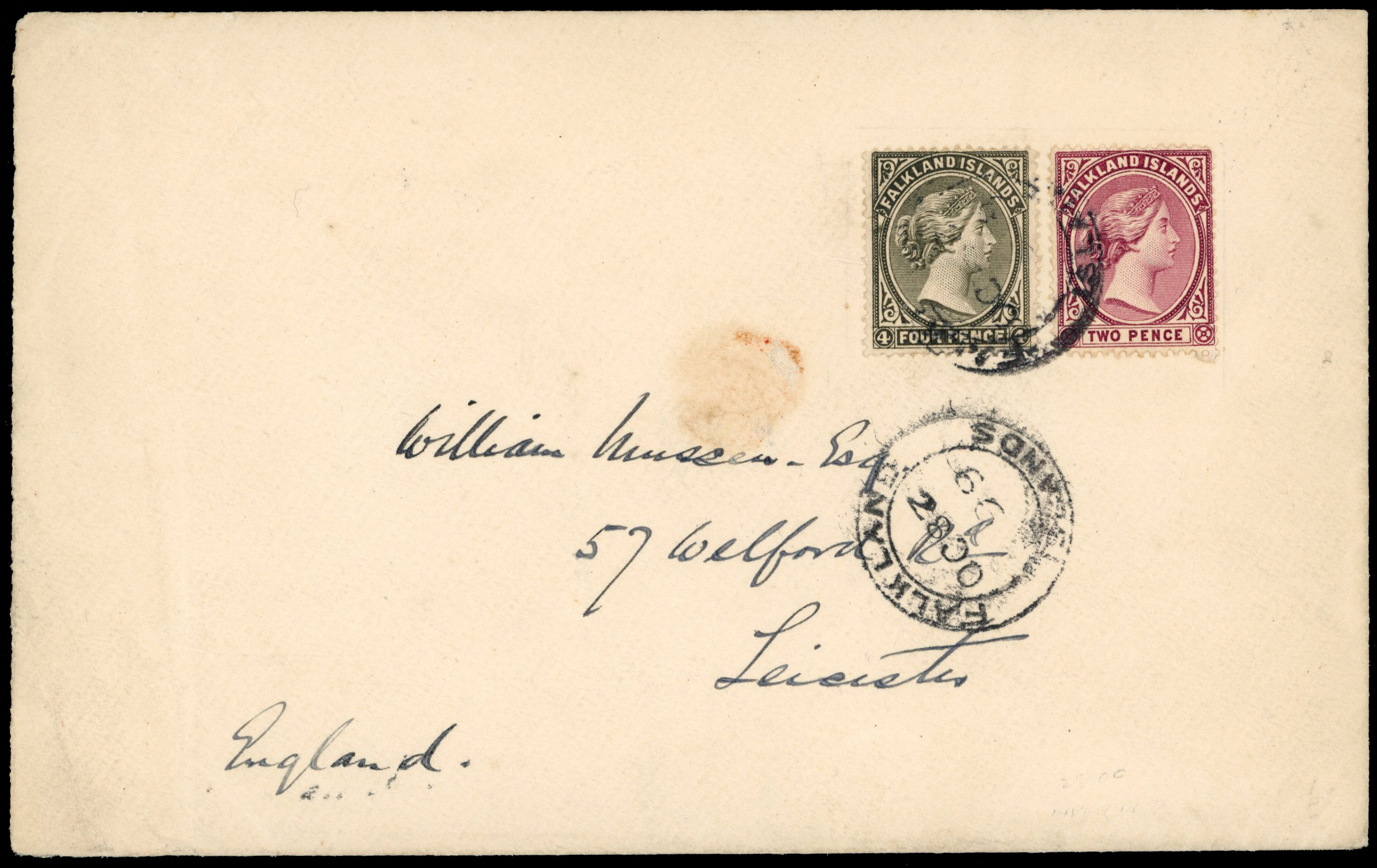 † Falkland Islands 1899 cover to Leicester with 2d and 4d