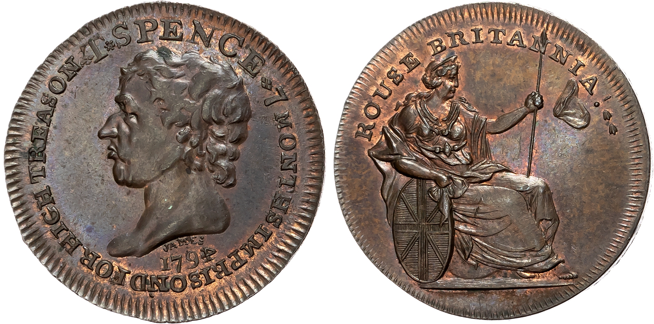 London, Holborn, Thomas Spence Halfpenny 1794, Head of Spence left, rev. Britannia seated r., losing cap of liberty, edg …
