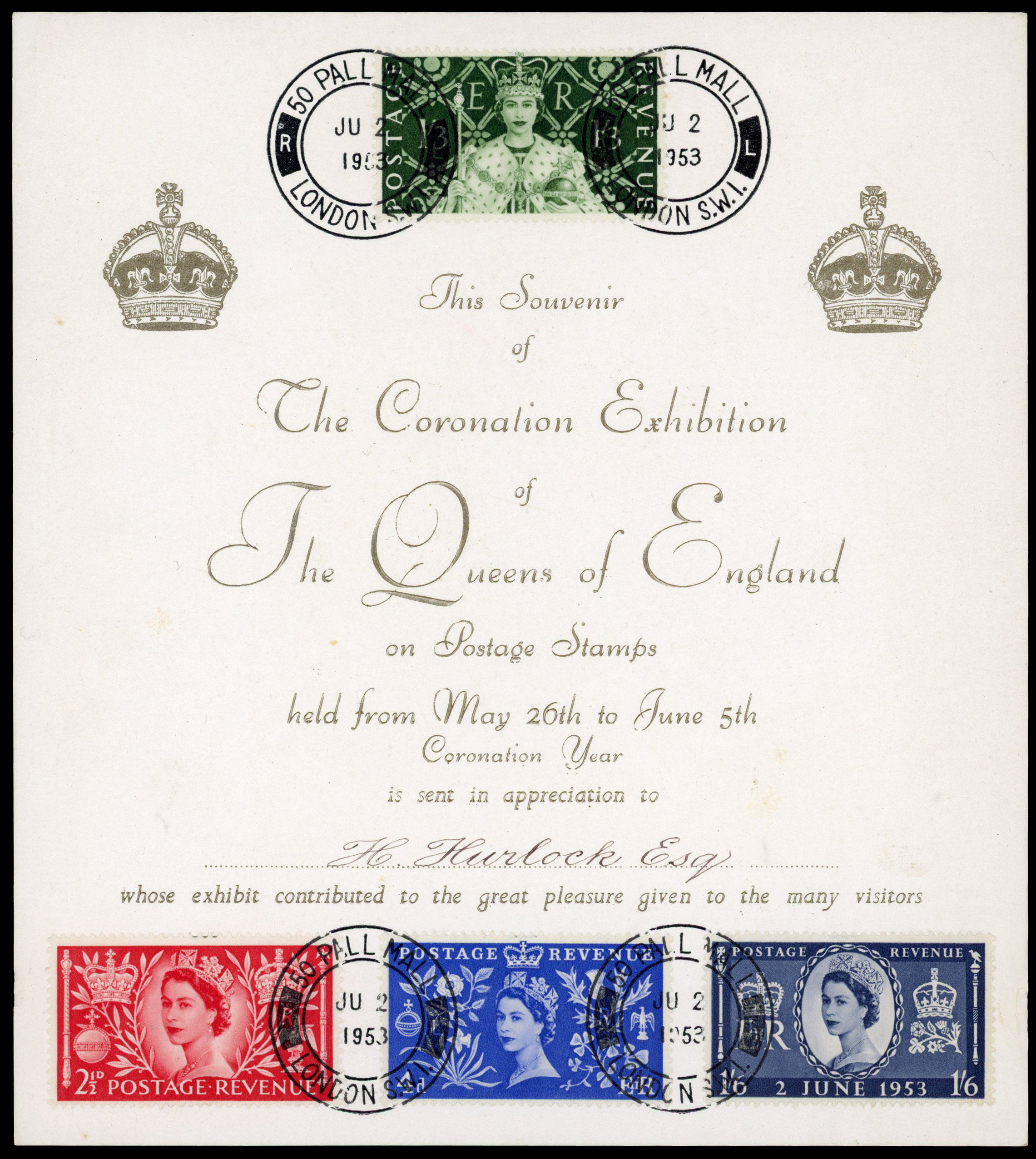 1953 Coronation. Spectacular set of four affixed to a coronation exhibition presentation
