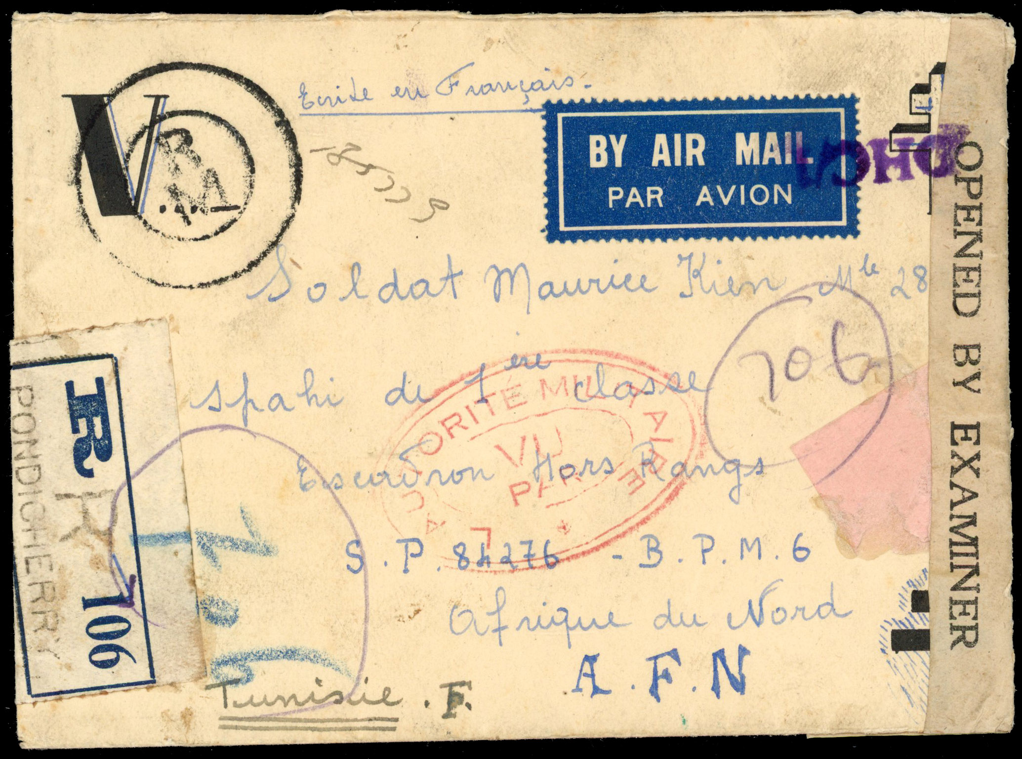 India 1944 cover from Pondicherry to Tunisia