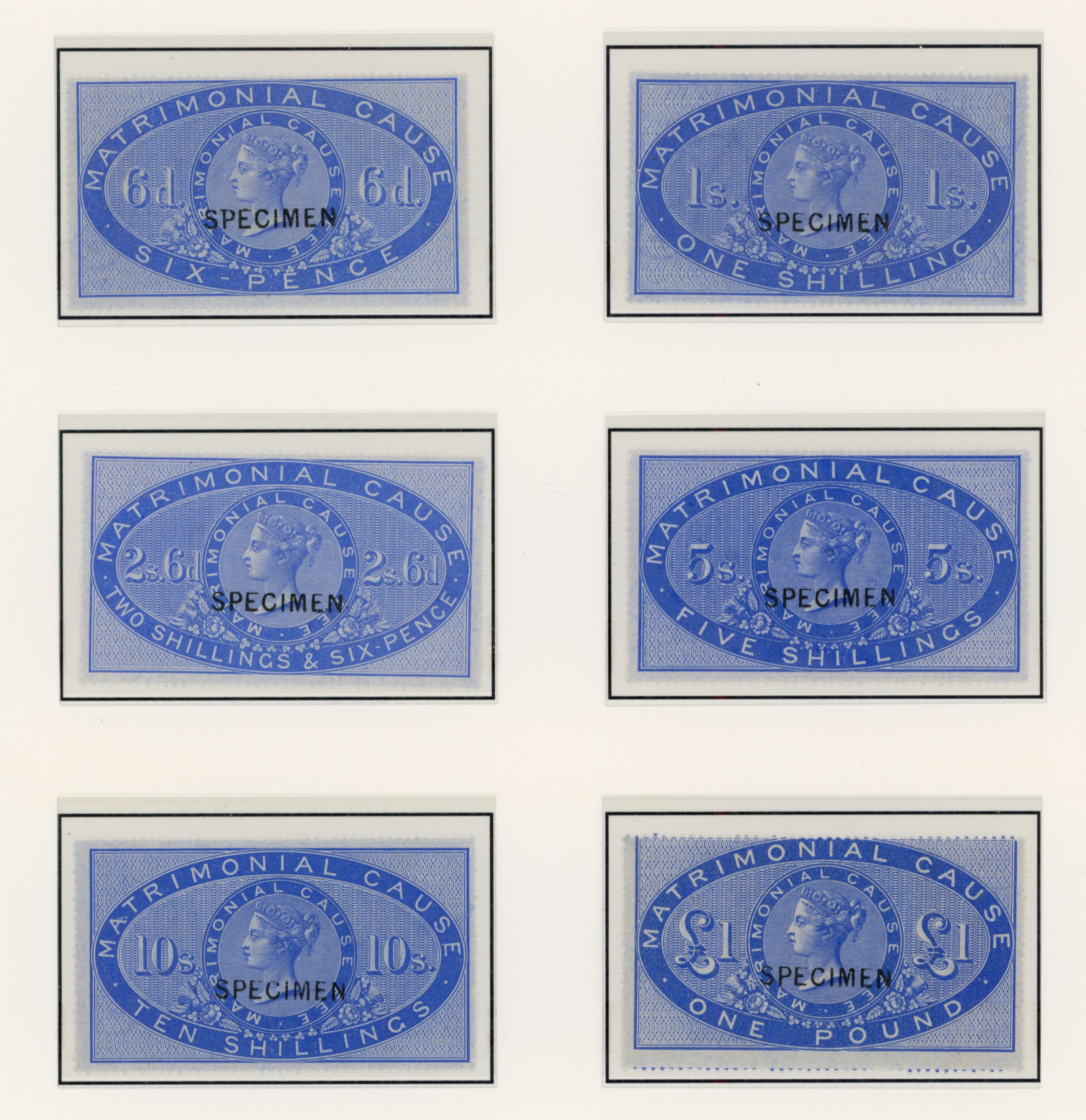 GB. Matrimonial Cause. 1866 set of six in ultramarine, Booth 13-18, overprinted SPECIMEN
