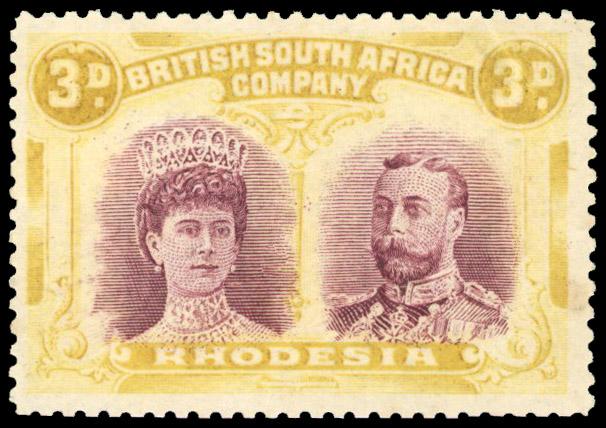 Rhodesia 1910-13 3d deep claret and pale yellow-ochre perf 15