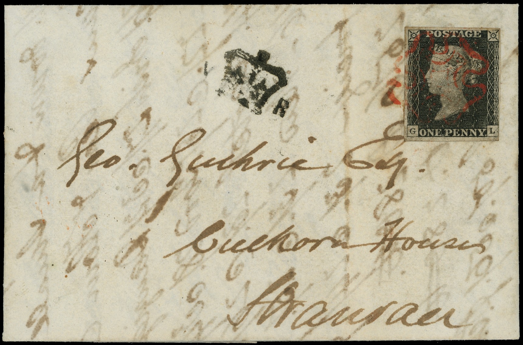 1840 (September 10th) 1d black plate 2 (GL) on entire Glasgow to Stranraer showing the rare "V (Crown) R" inspector's...