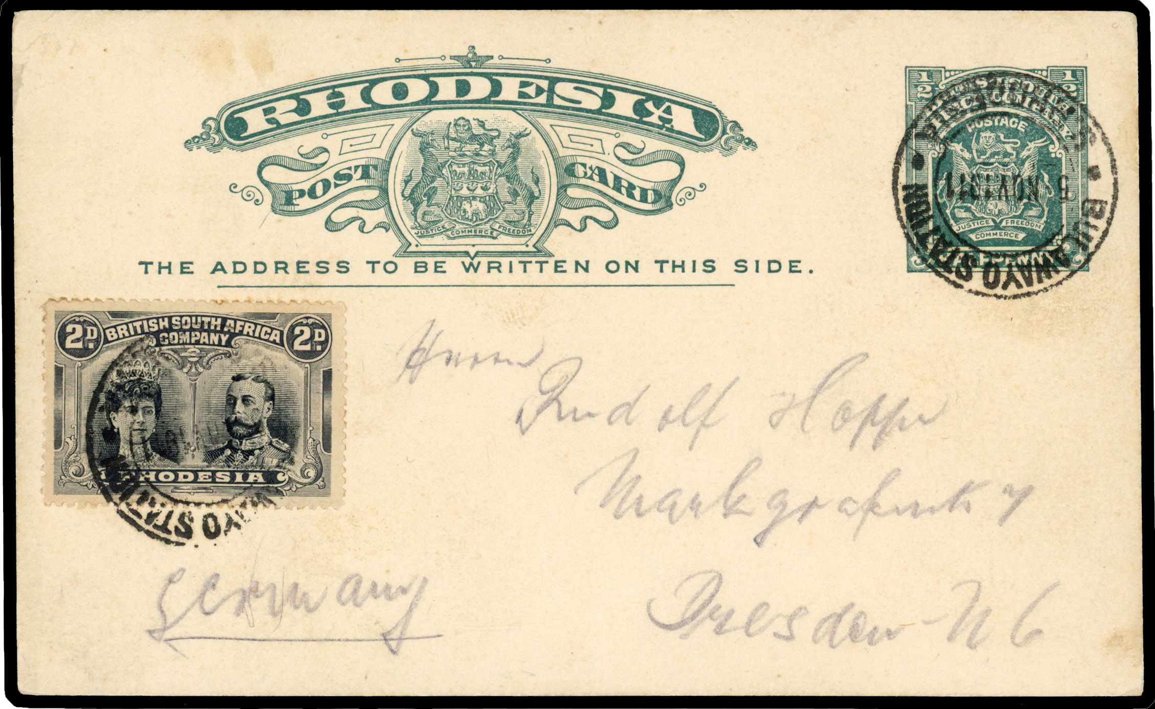 Rhodesia 1911 ½d postcard used to Germany