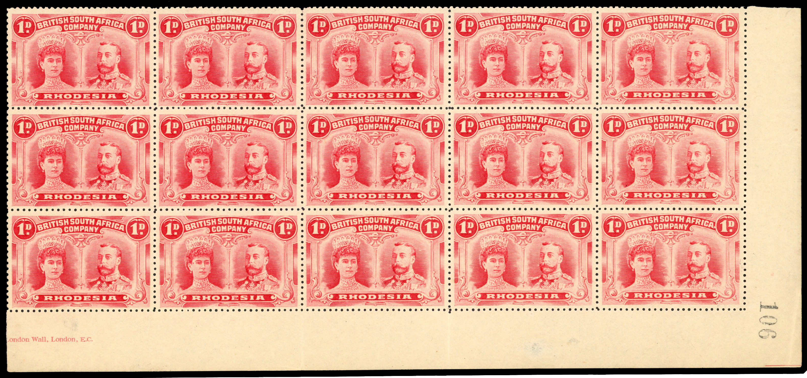 Rhodesia 1910-13 1d bright carmine perf 14 block of 15