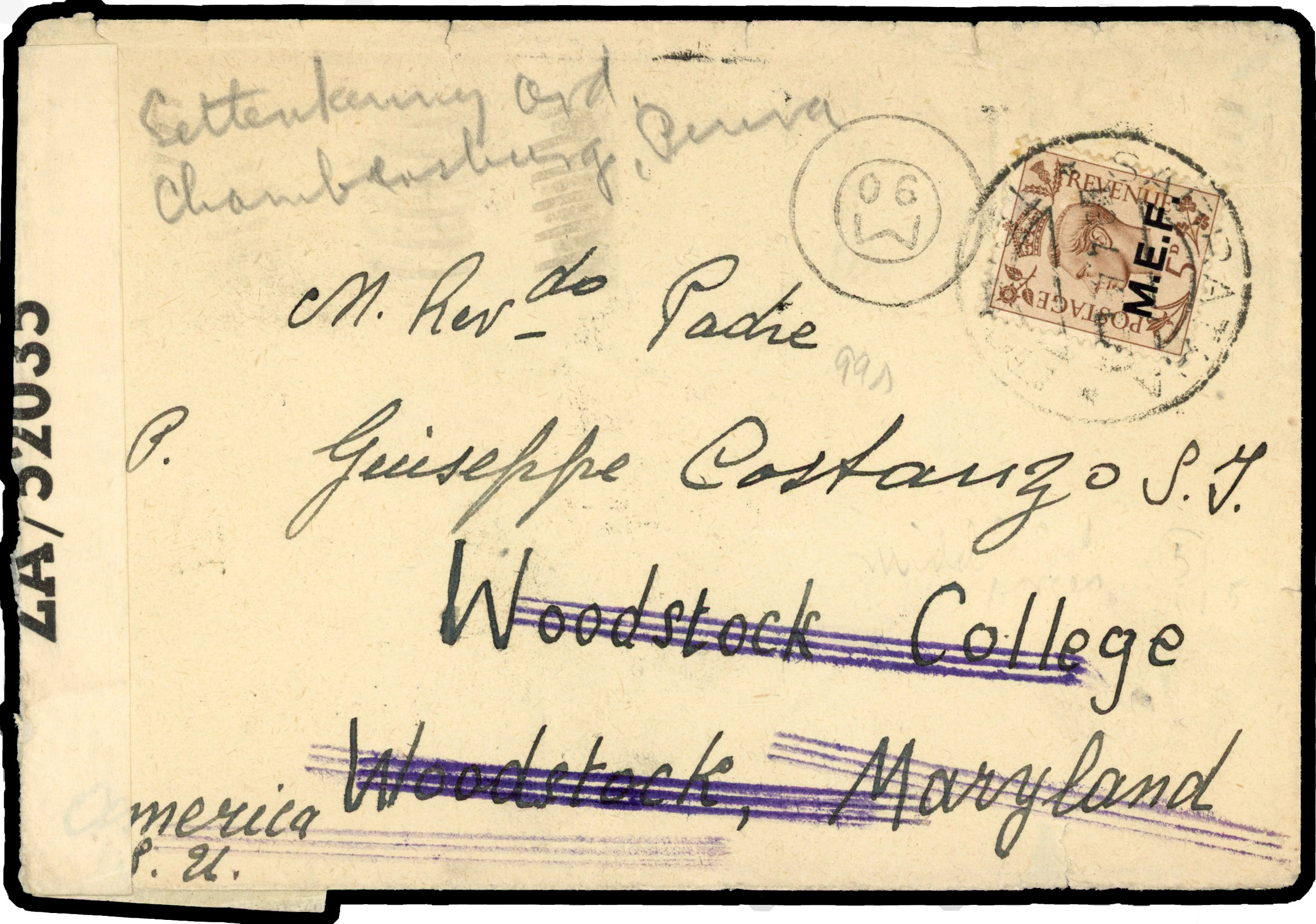 1945 cover to USA franked 5d tied by very scarce ‘SABRATHA/13 4 45’ cds, donut type ‘M/90’' handstamp at left