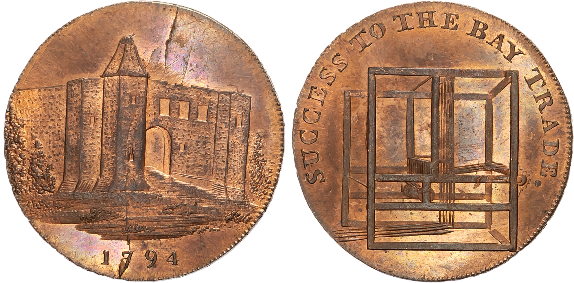 Essex, Colchester , Charles Heath (Bay maker) Halfpenny 1794, View of Colchester castle, rev . Box loom, edge PAYABLE A …