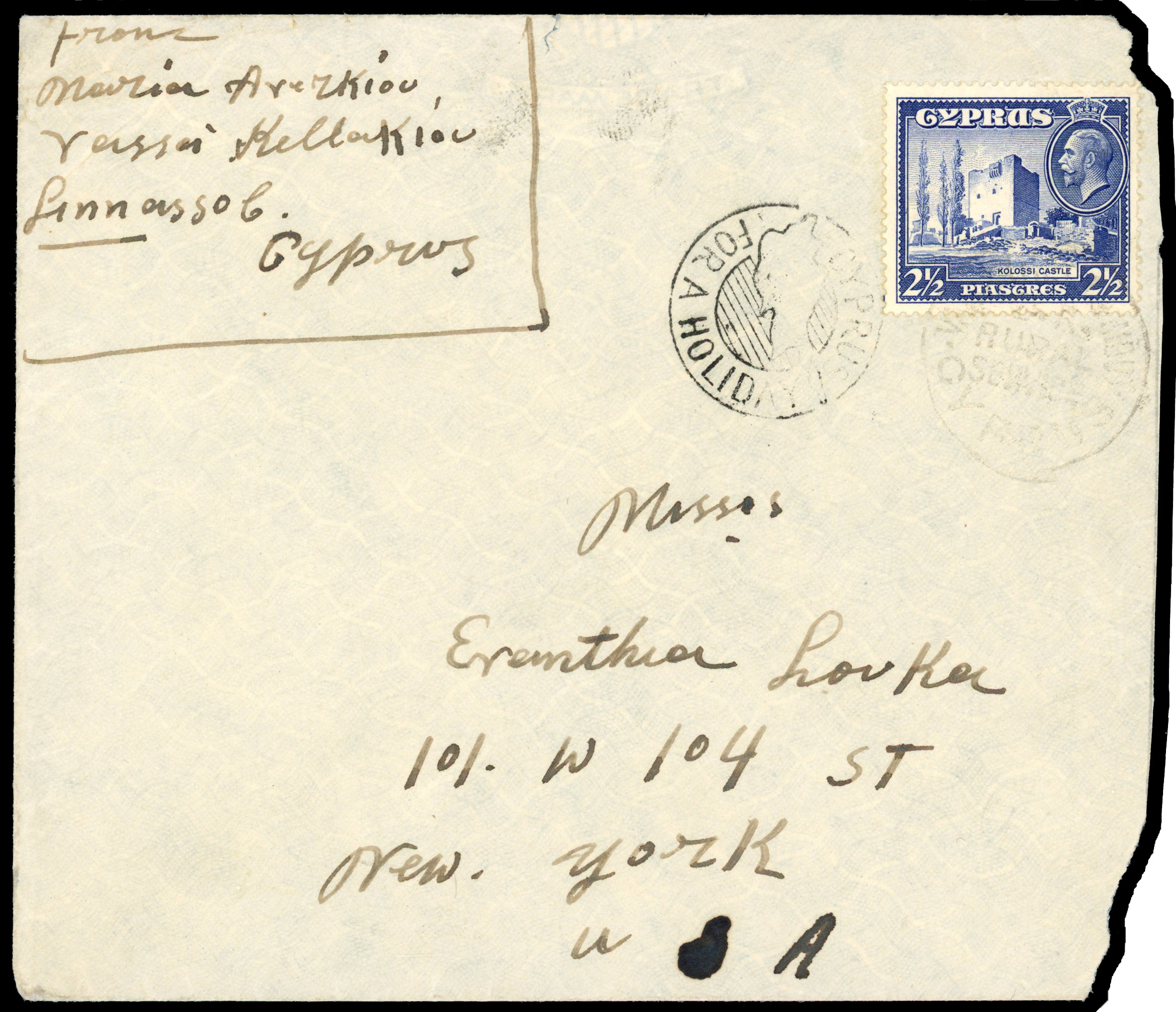 c1937 envelope to New York franked 2½pi tied ‘VASA KELLAKIOU GR RURAL SERVICE CYPRUS’. ADDED TO R2000893/125 