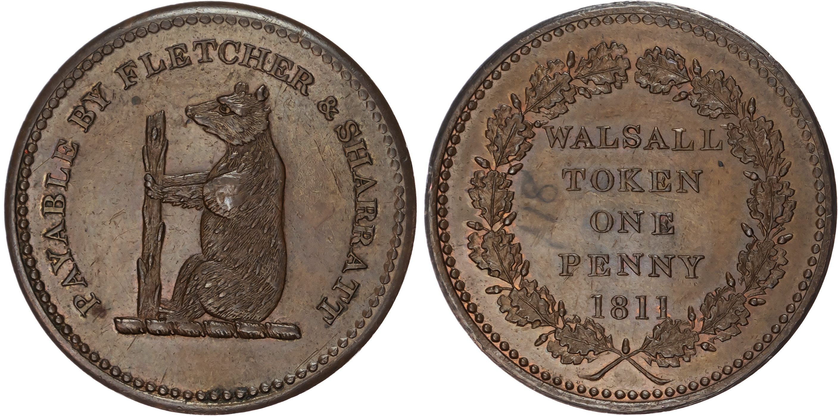 WALSALL , Staffs. Samuel Fletcher & Samuel Sharratt (saddlers & ironmongers) Penny 1811, Bear and ragged staff…