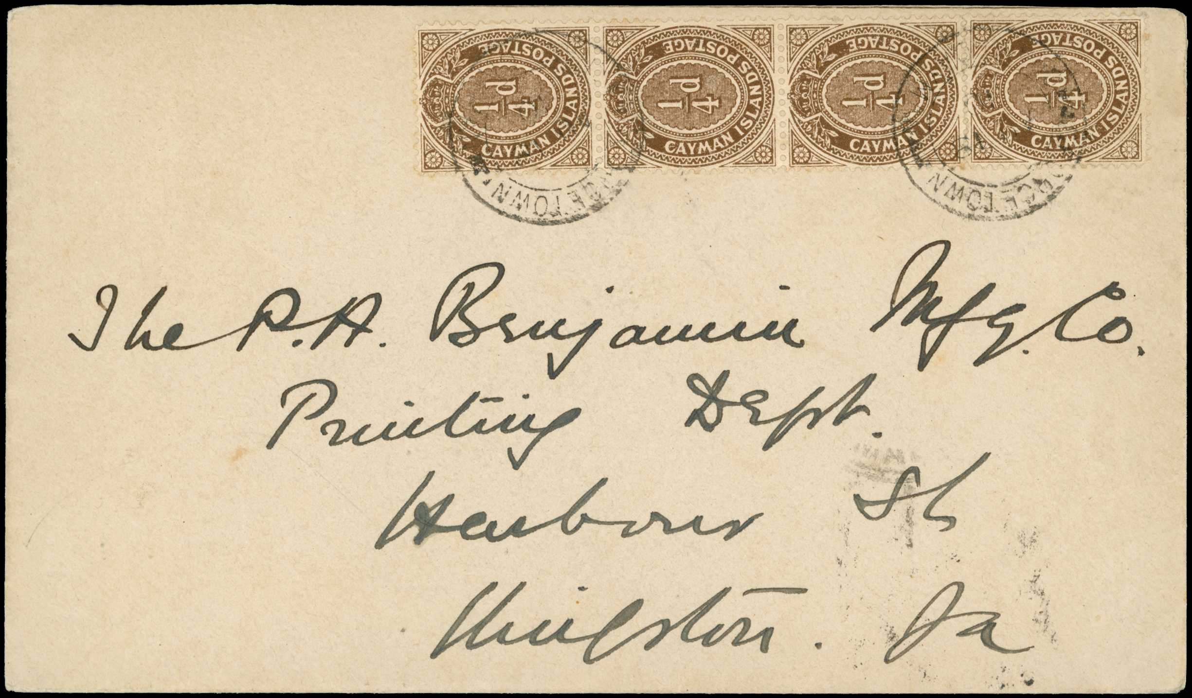 1910 Vertical strip of four ¼d brown...