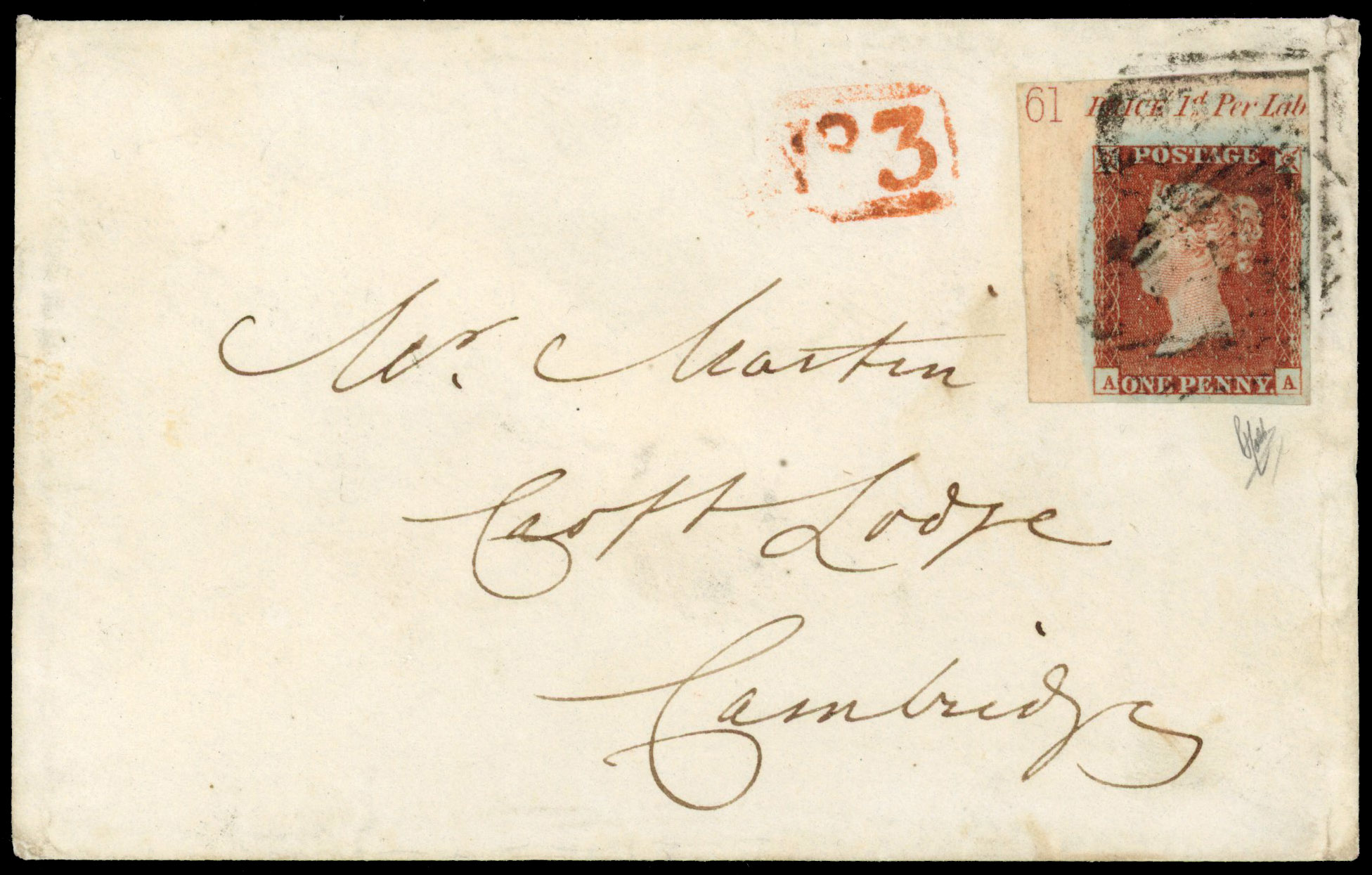 1841 1d Red-brown Pl.61 plate number example on cover.