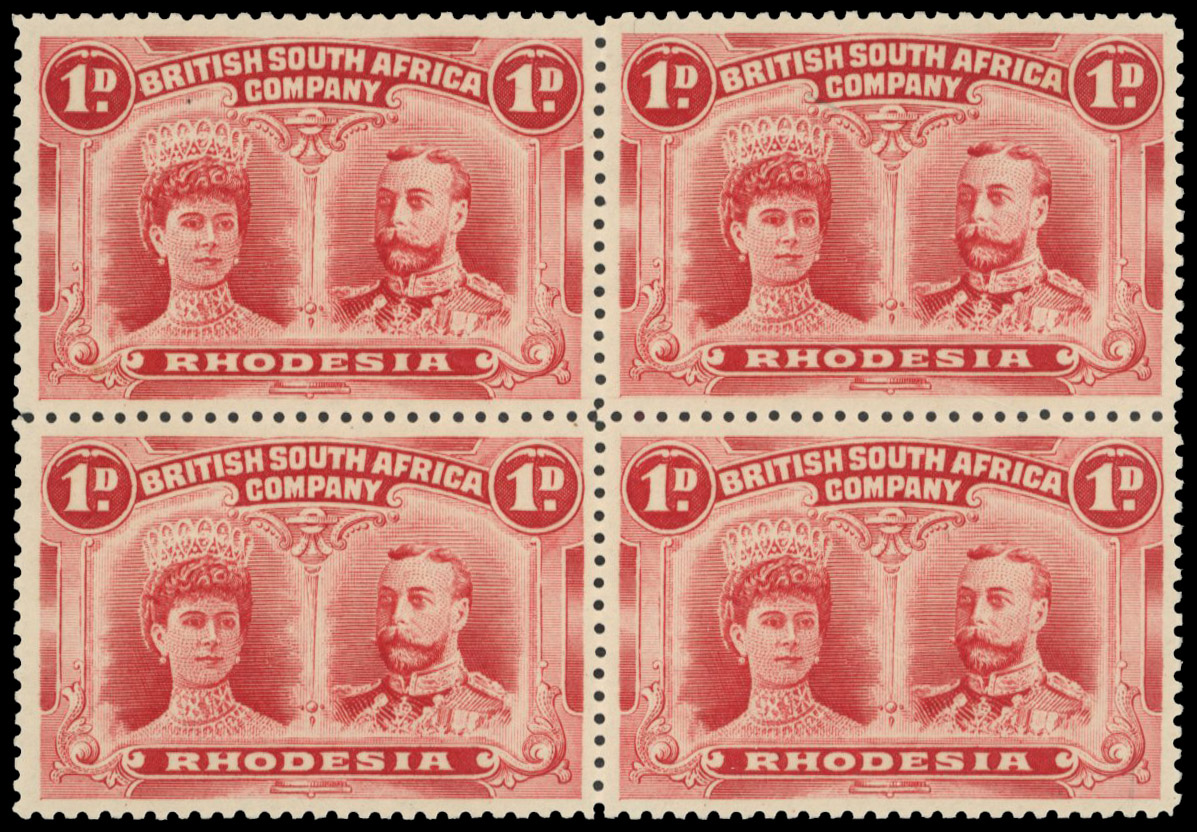 † 1d rose-red SG 125 block, positions 66-77 mint