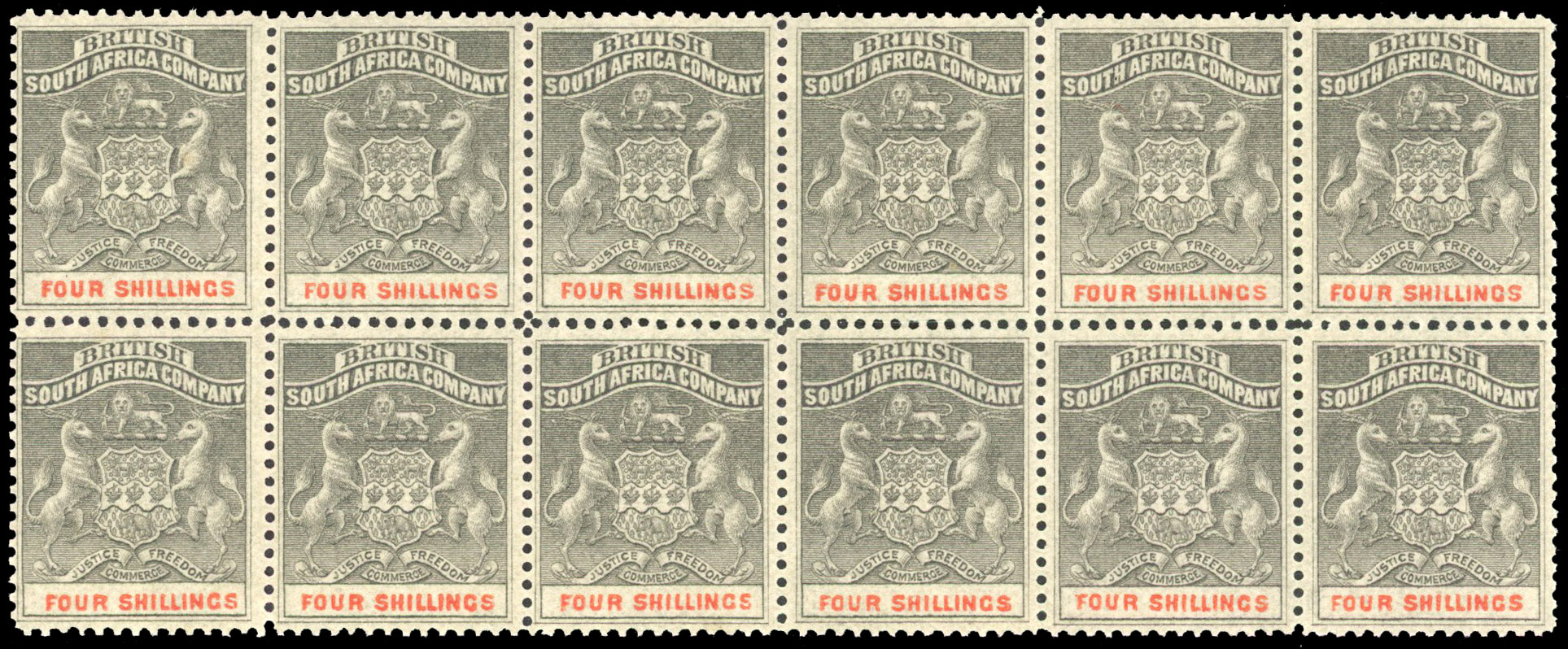 Rhodesia. 1892-94 4s grey-black and vermilion block of twelve mint