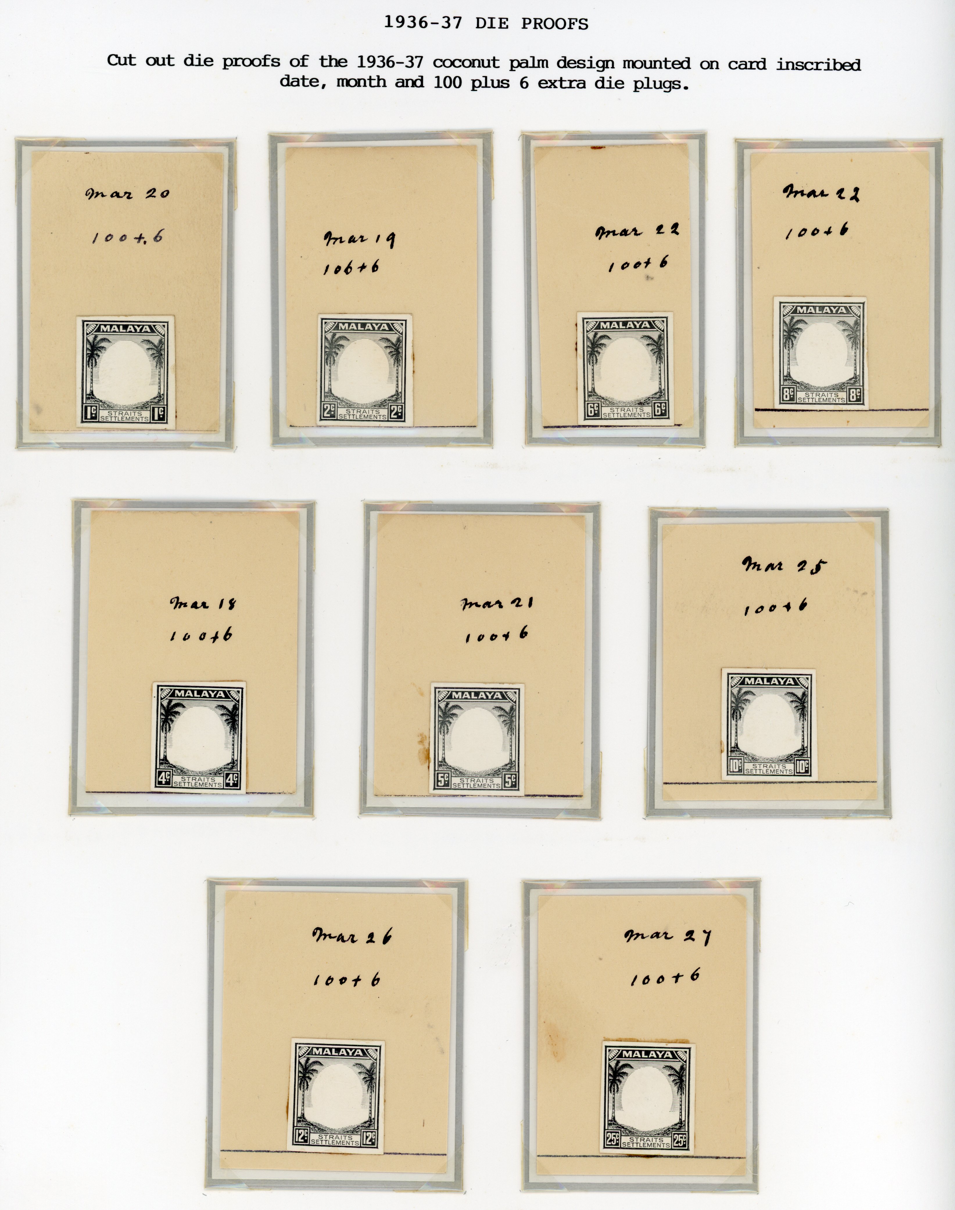 Straits Settlements 1936-37 KGV die proofs from day book x22