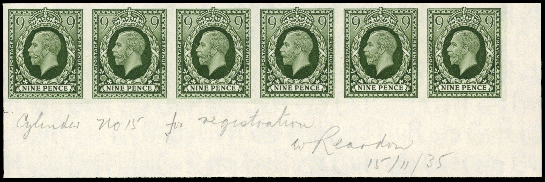 Great Britain 1935 9d Deep Olive-green, Strip of Six, BPMA Imprimatur, SG 447