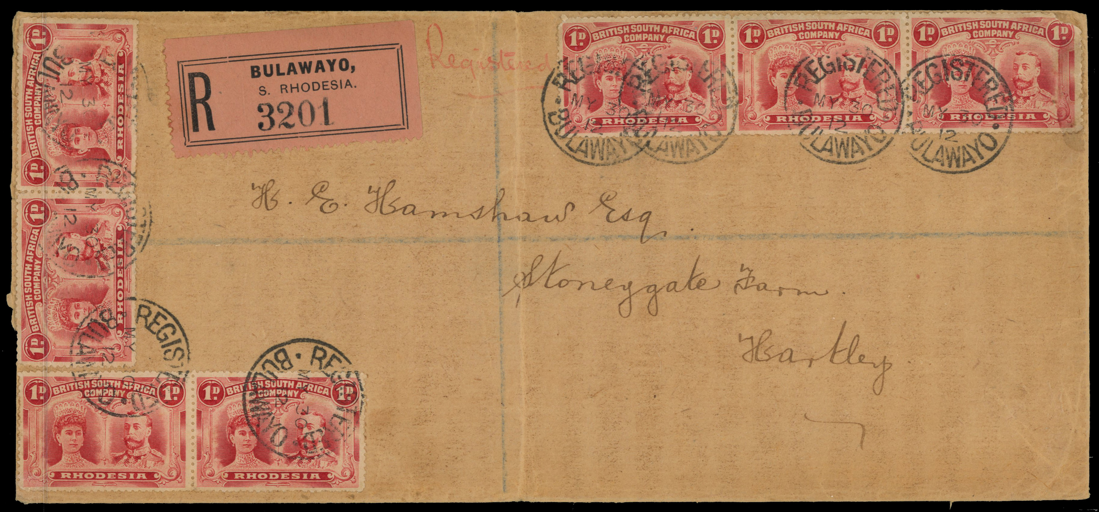 1d carmine (seven) on registered envelope Bulawayo to Hartley