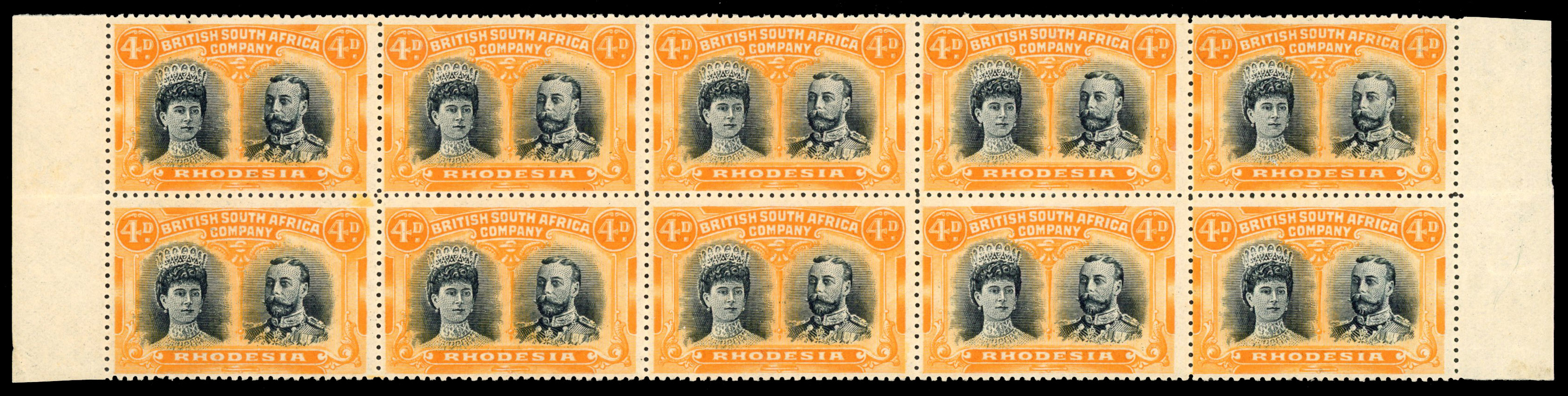 4d blue-black and yellow-orange block RSC E, positions 31-40 mint