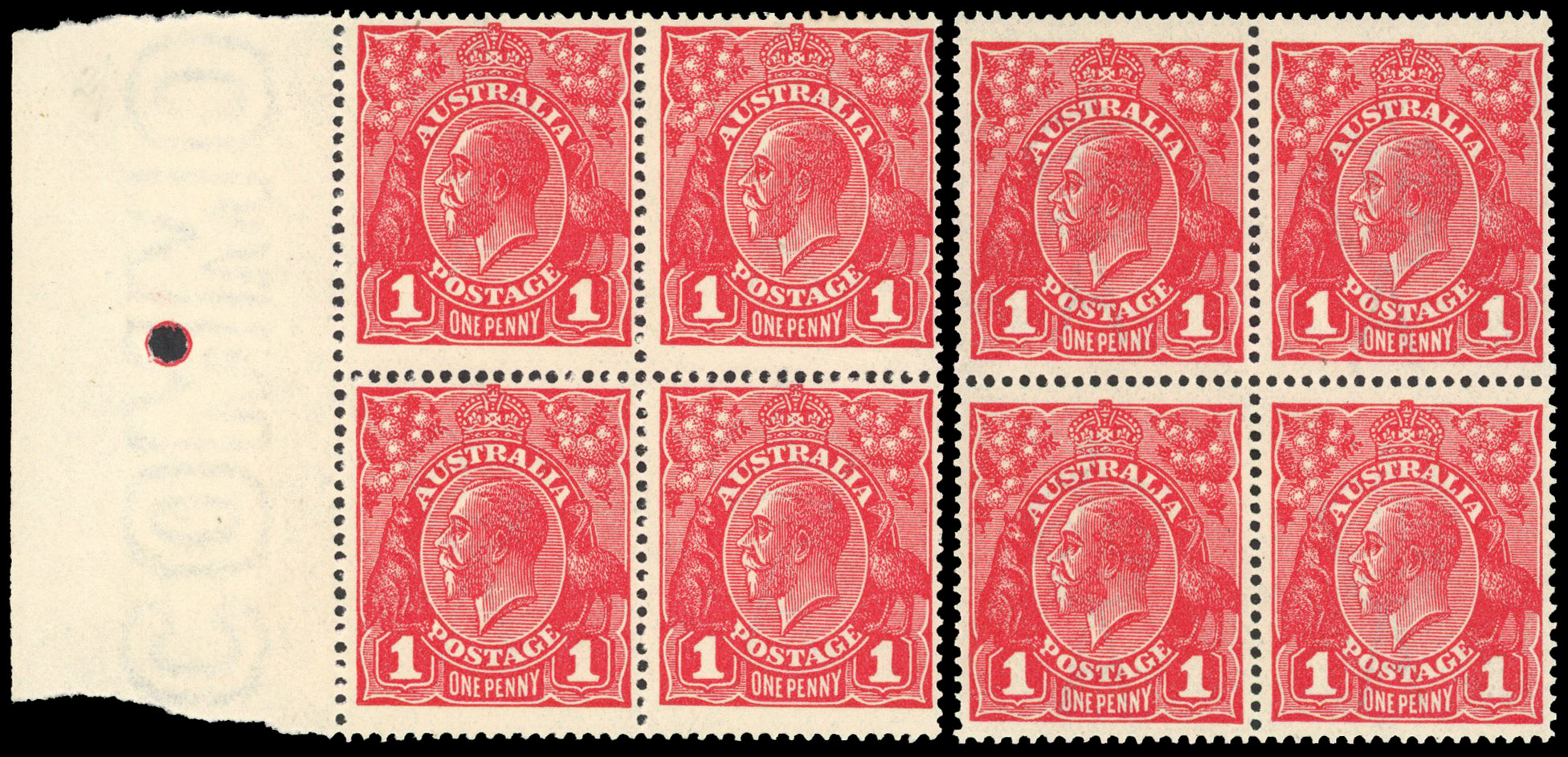 Australia 1918 1d die III blocks of 4