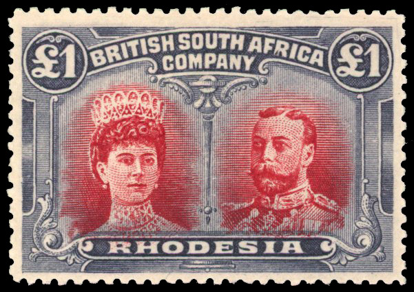 Rhodesia 1910-13 £1 deep carmine-red and (deeper) bluish black perf 14