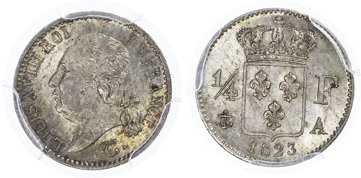 France. Louis XVIII AR 1/4 Franc. 1823A. 