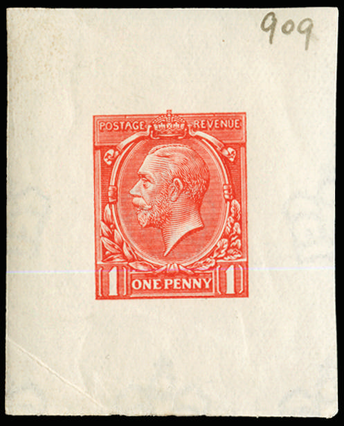 Great Britain 1912 1d Die proof colour trial (Stage 5). Superb imperforate example in red on gummed Crown watermar…