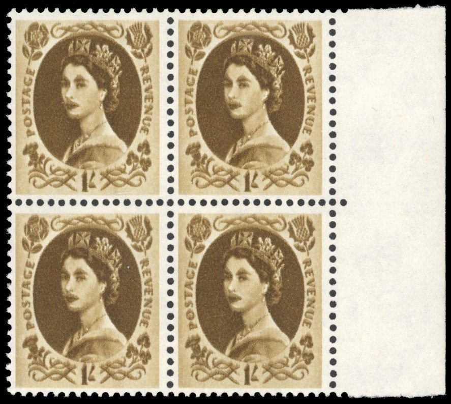 GB: 1958 Multiple Crowns, cream paper, 1s bistre-brown, mint right marginal block of four variety ‘DOUBLE IMPRESSION’, fine