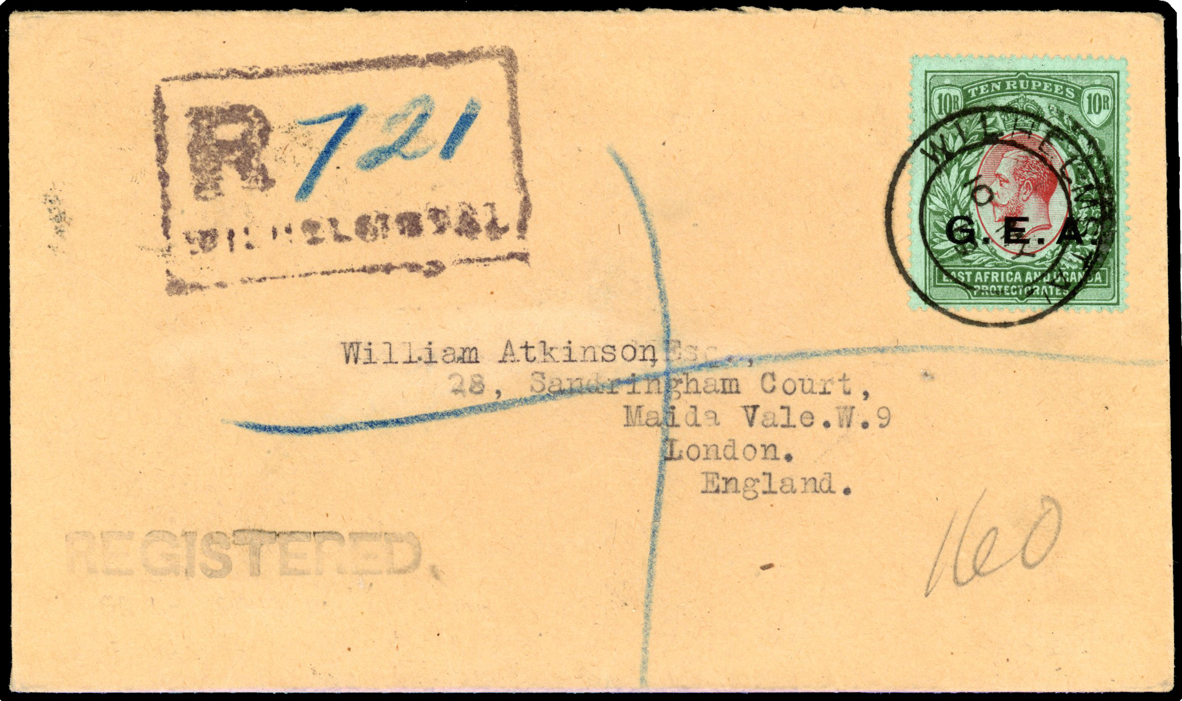 Tanganyika 1919 registered cover to London with GEA 10r