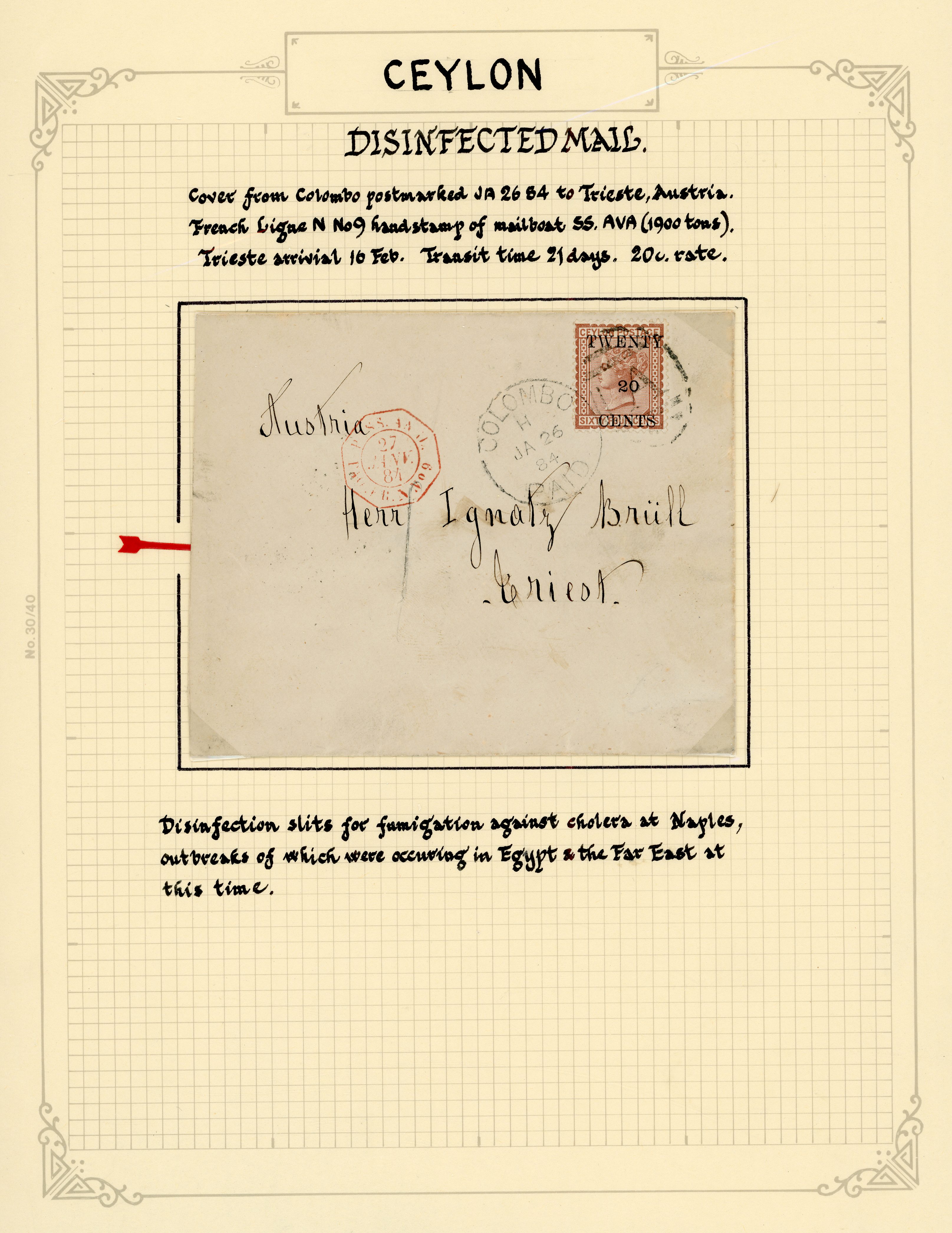 Ceylon Disinfected mail cover to Trieste SG 143